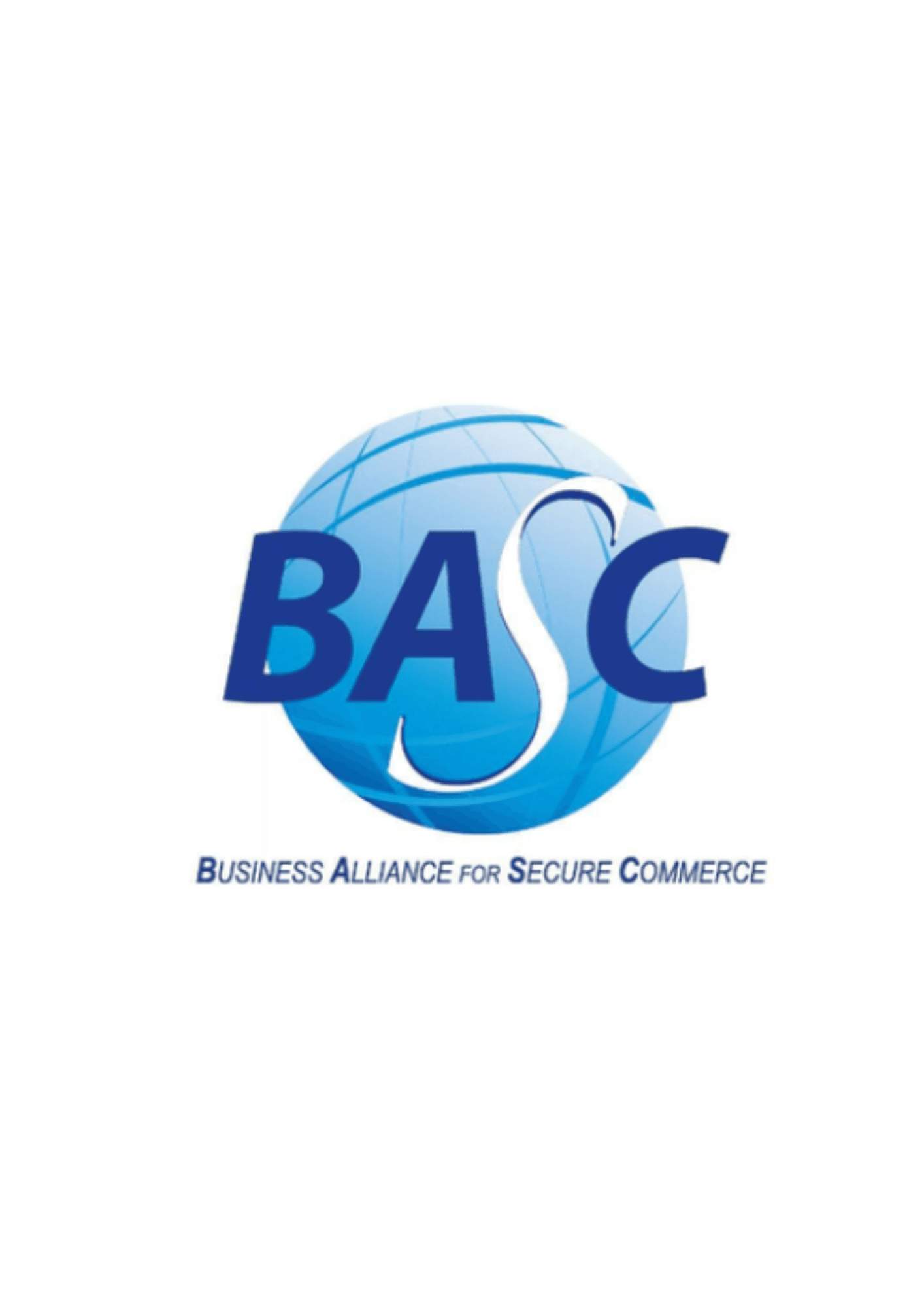 Logotipo de BASC sobre globo azul con el texto Business Alliance for Secure Commerce.